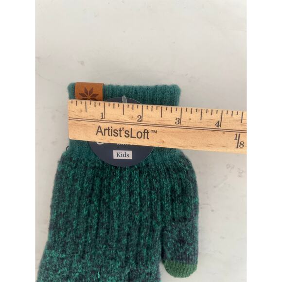 Britt's Knits Kid's Bonfire Gloves in a heathered green color. - Picture 9 of 10